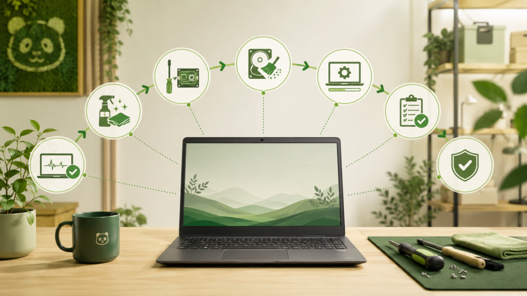 Aufbereitungsprozess eines refurbished Notebooks mit Reinigung, Bauteilprüfung, Datenlöschung, Softwareinstallation und Qualitätskontrolle