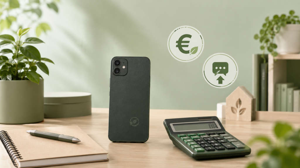 Refurbished Smartphone mit Taschenrechner und Symbolen für Bürgergeld, Kommunikation und Budget