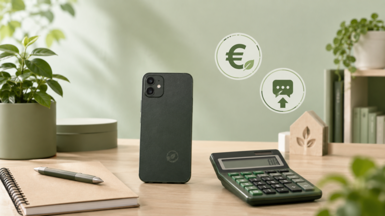 Refurbished Smartphone mit Taschenrechner und Symbolen für Bürgergeld, Kommunikation und Budget