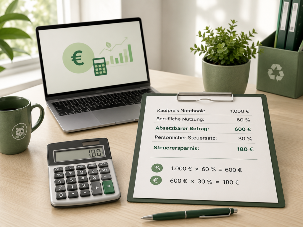 Laptop mit Euro-Symbol, Taschenrechner und Notizblock für ein Rechenbeispiel zur steuerlichen Absetzung
