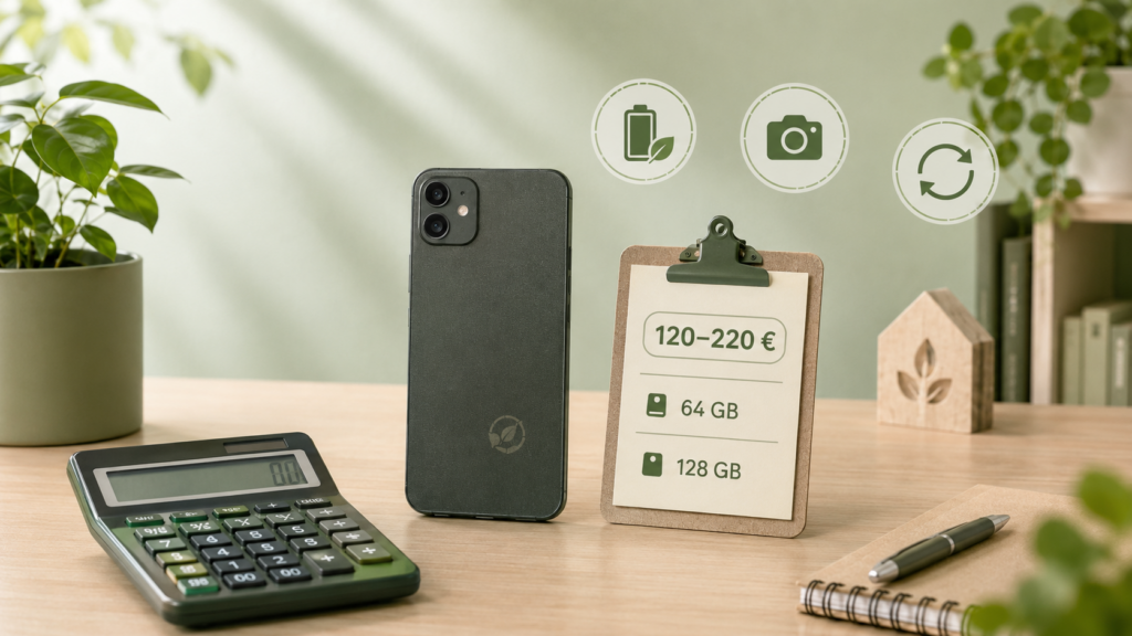 Smartphone mit Preisbeispiel von 120 bis 220 Euro sowie Hinweisen zu 64 und 128 GB Speicher