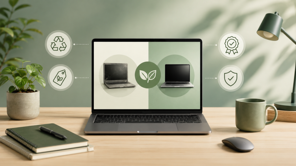 Gebrauchtes und refurbished Notebook im Vergleich mit Symbolen für Prüfung, Garantie und Nachhaltigkeit