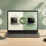 Gebrauchtes und refurbished Notebook im Vergleich mit Symbolen für Prüfung, Garantie und Nachhaltigkeit