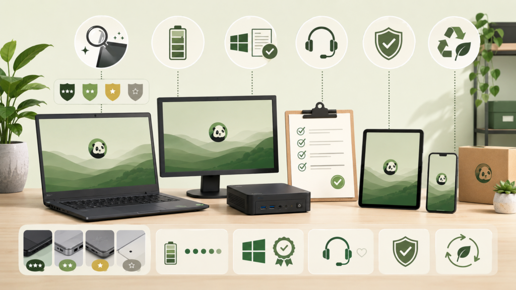 Refurbished Notebook, Monitor, Mini-PC, Tablet und Smartphone mit Symbolen für Zustand, Akku, Software, Support und Garantie