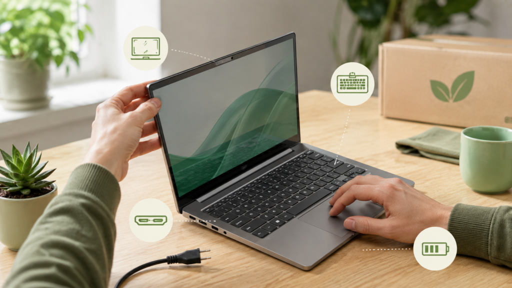 Geöffneter Laptop bei der Prüfung von Display, Tastatur, Anschlüssen und Akku auf einem Schreibtisch