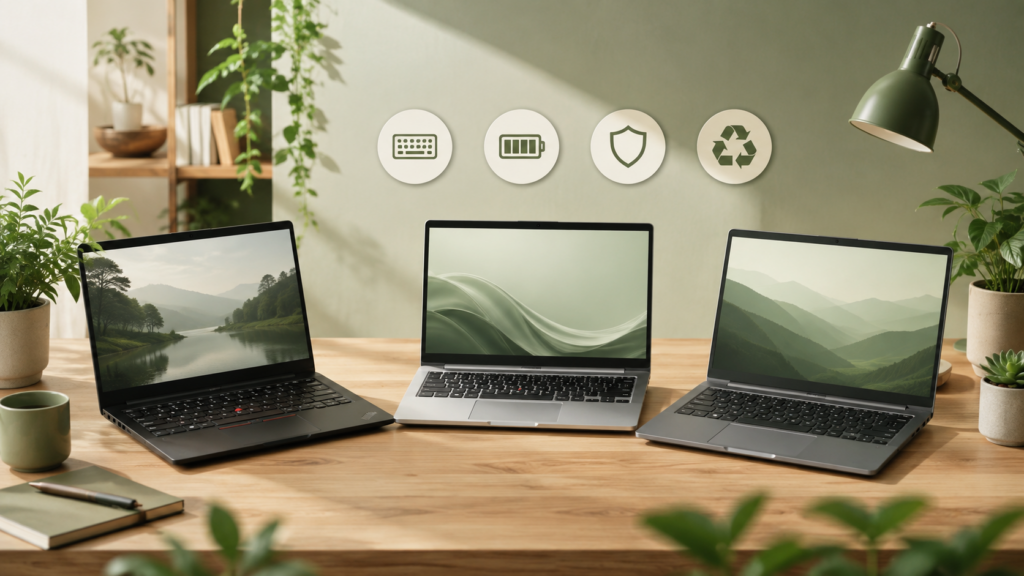 Drei gebrauchte Business-Laptops im GreenPanda-Stil auf einem Schreibtisch mit Symbolen für Akku, Sicherheit, Nachhaltigkeit und Tastatur