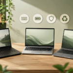 Drei gebrauchte Business-Laptops im GreenPanda-Stil auf einem Schreibtisch mit Symbolen für Akku, Sicherheit, Nachhaltigkeit und Tastatur