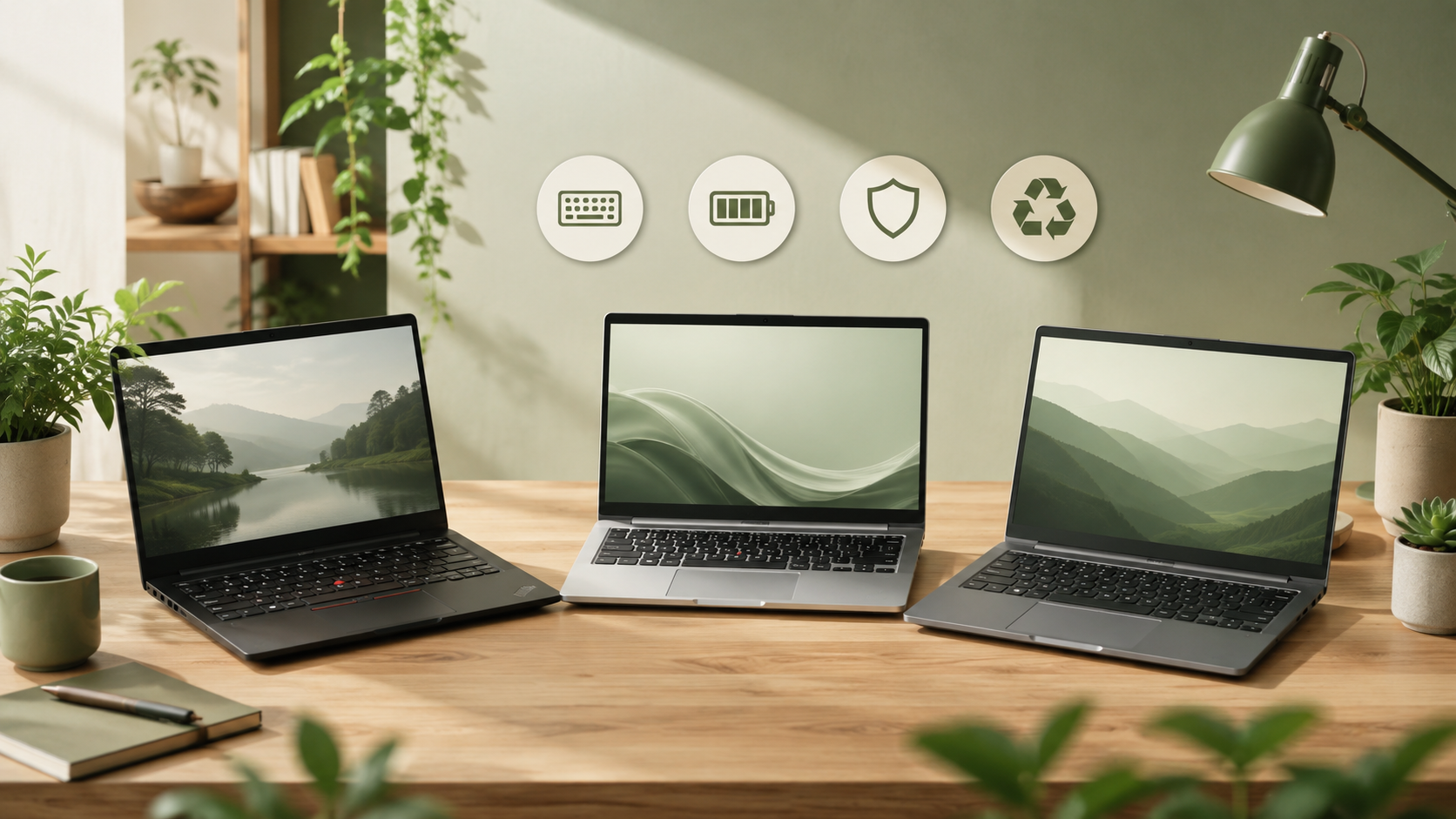 Drei gebrauchte Business-Laptops im GreenPanda-Stil auf einem Schreibtisch mit Symbolen für Akku, Sicherheit, Nachhaltigkeit und Tastatur