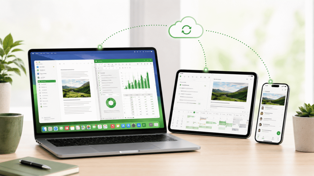 Microsoft-365-Dokumente werden über die Cloud zwischen MacBook, Tablet und Smartphone synchronisiert