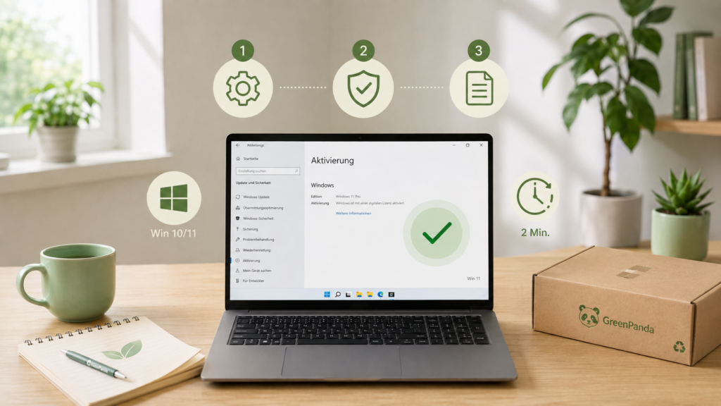 Laptop mit Darstellung der Windows-Lizenztypen OEM, Retail und KMS im Vergleich