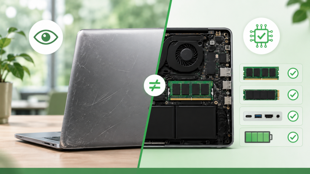 Refurbished Laptop im Vergleich zwischen äußerem Gebrauchszustand und technisch geprüfter Innenausstattung