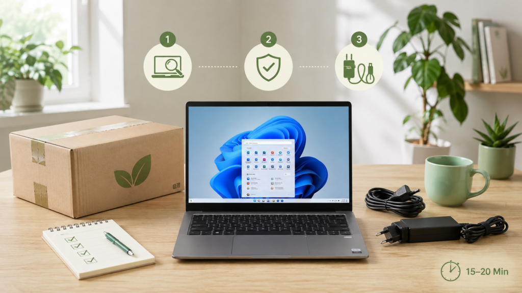 Refurbished Laptop mit Verpackung, Netzteil und Checkliste auf einem Schreibtisch im GreenPanda-Stil