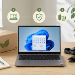 Refurbished Laptop mit Verpackung, Netzteil und Checkliste auf einem Schreibtisch im GreenPanda-Stil