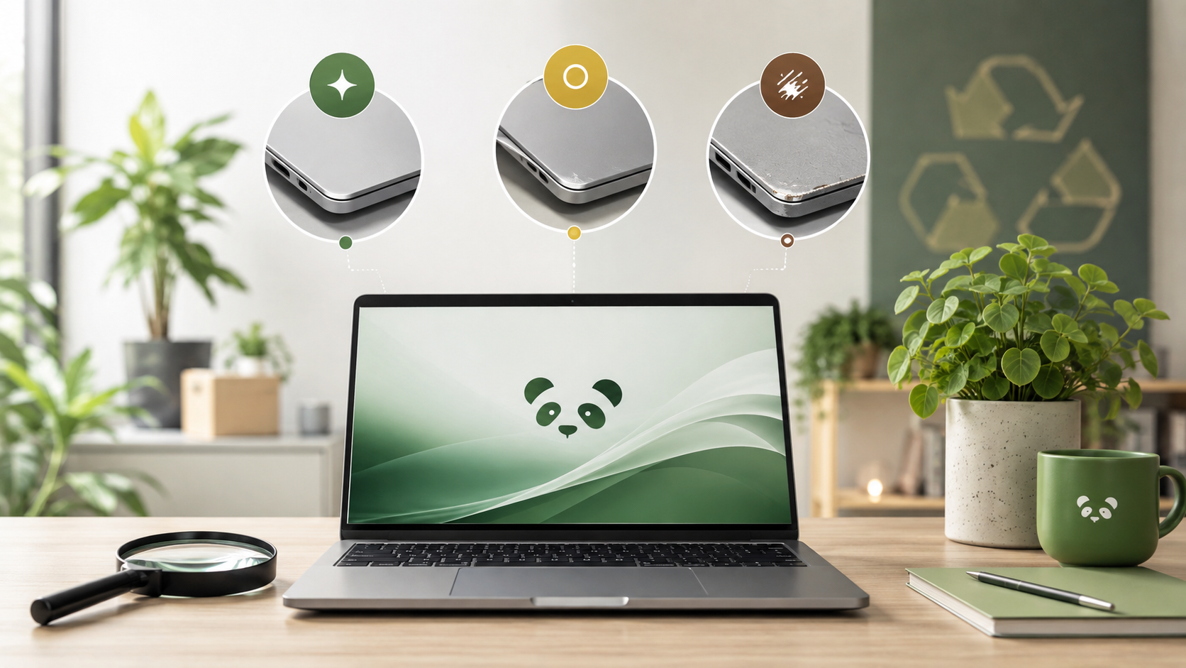 Refurbished Laptop im GreenPanda-Stil mit visueller Einordnung von leichten, mittleren und stärkeren Gebrauchsspuren