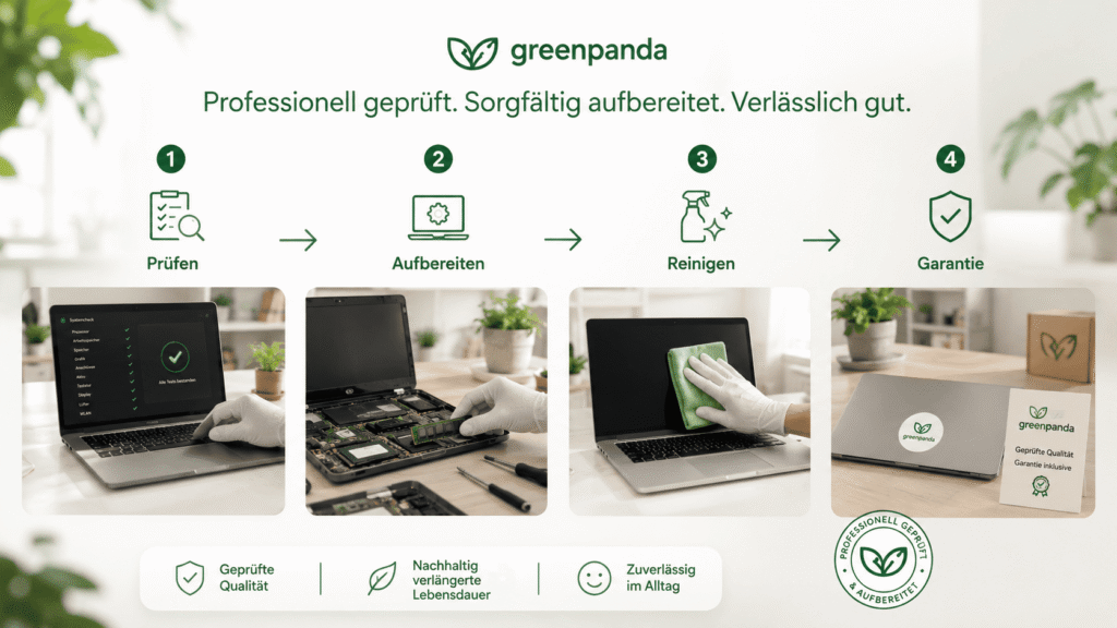 Professionelle Aufbereitung eines refurbished Laptops mit Prüfung, technischer Aufbereitung, Reinigung und Qualitätskontrolle