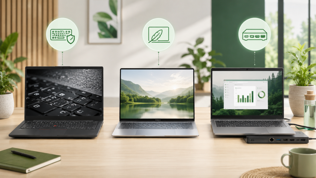 Drei Business-Laptops mit Symbolen für Tastaturqualität, Nachhaltigkeit und Anschlüsse im GreenPanda-Stil