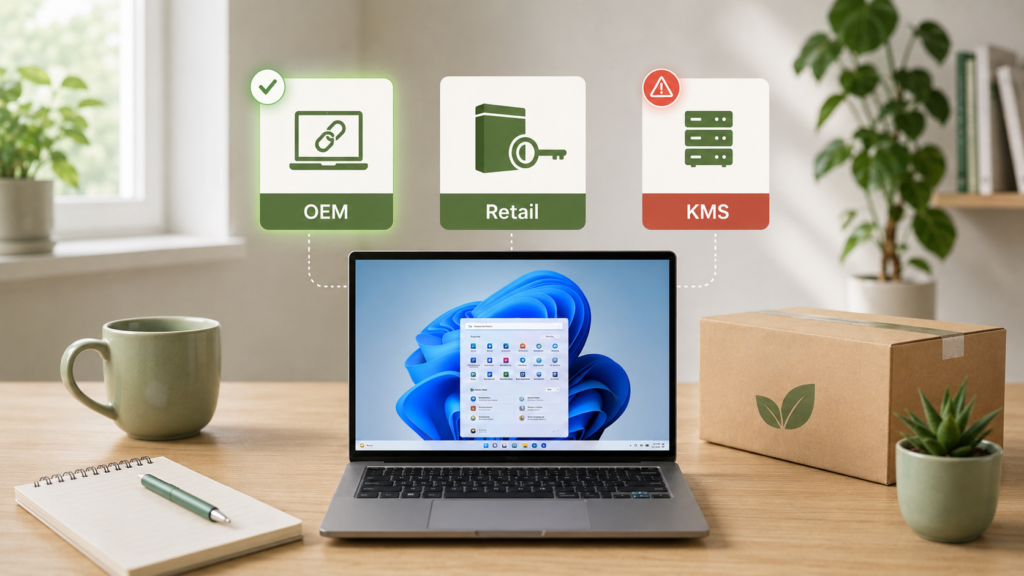 Laptop mit Windows-Aktivierungsansicht und Symbolen für den schnellen Lizenzcheck in drei Schritten