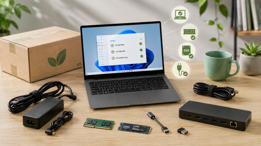 Refurbished Laptop mit Netzteil, Kabeln, RAM, SSD und Dockingstation beim Abgleich von Zubehör und Konfiguration