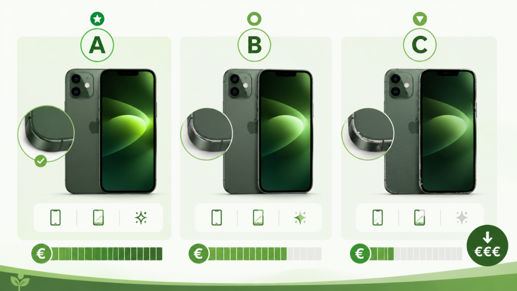 Drei refurbished Geräte in den Zustandsklassen A, B und C im direkten Vergleich von Optik und Preis
