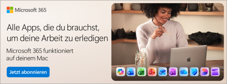 Microsoft 365 auf einem MacBook mit Apps wie Word, Excel, PowerPoint, Outlook, OneNote und OneDrive.