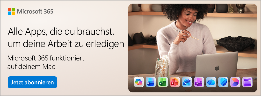 Microsoft 365 auf einem MacBook mit Apps wie Word, Excel, PowerPoint, Outlook, OneNote und OneDrive.