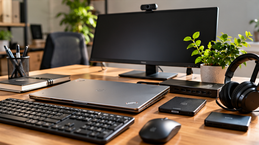 Homeoffice-Ausstattung mit Laptop, Monitor, Tastatur, Maus, Dockingstation und Headset