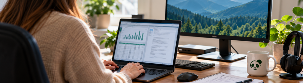 Person arbeitet im Homeoffice mit Laptop und externem Monitor