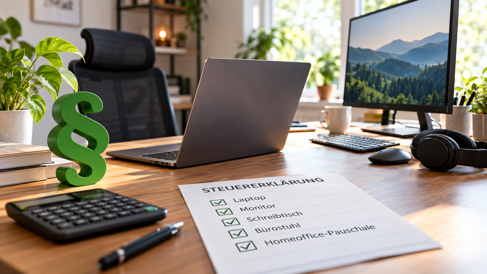 Homeoffice-Arbeitsplatz mit Laptop, Monitor und Steuerunterlagen zur steuerlichen Absetzung der Homeoffice-Ausstattung