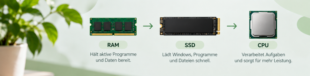 Infografik zum Zusammenspiel von RAM, SSD und CPU bei einem Notebook