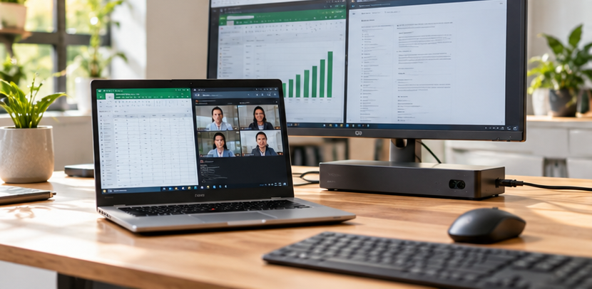 Business-Notebook mit externem Monitor und Dockingstation am Arbeitsplatz