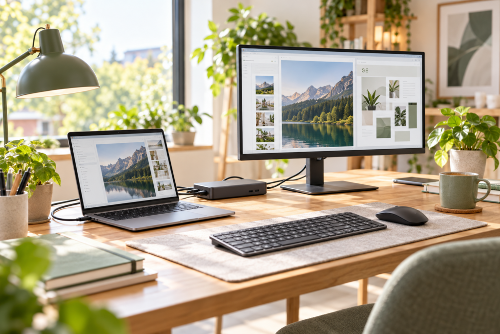 Business-Notebook mit Dockingstation und externem Monitor im Homeoffice