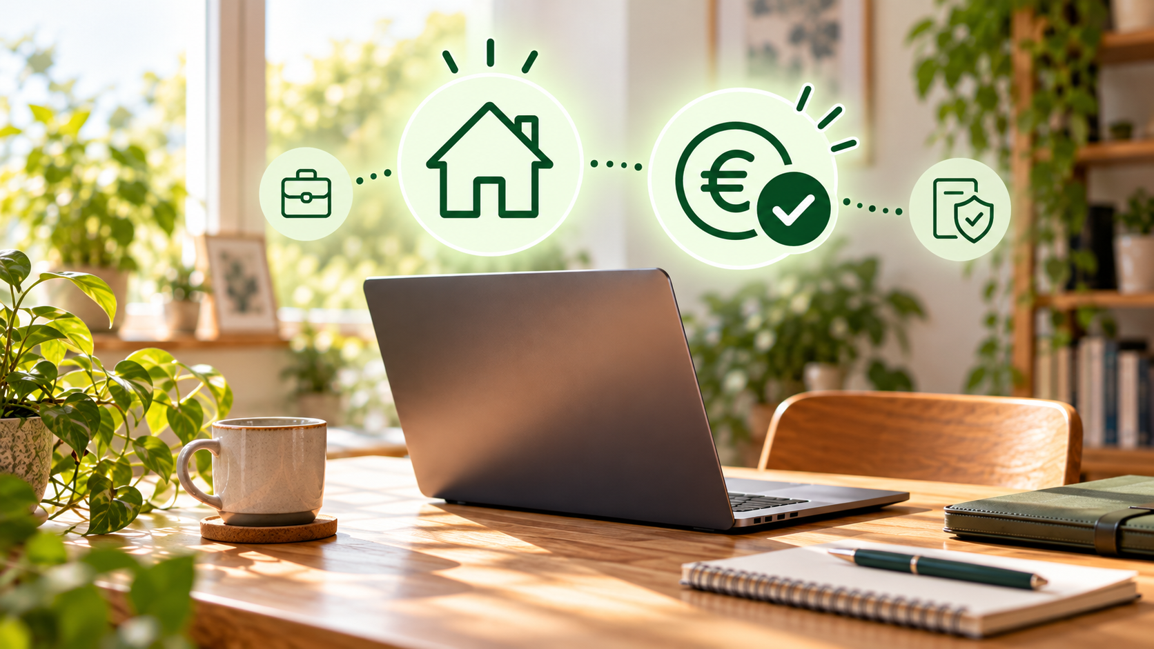 Dienstlaptop im Homeoffice mit grünen Symbolen für private Nutzung und steuerfreien Vorteil sowie einem Häkchen für die Einhaltung der Regeln.