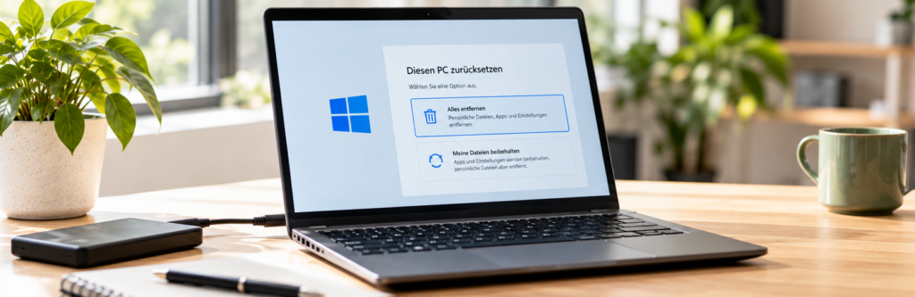 Gebrauchter Laptop während des Zurücksetzens vor dem Weiterverkauf