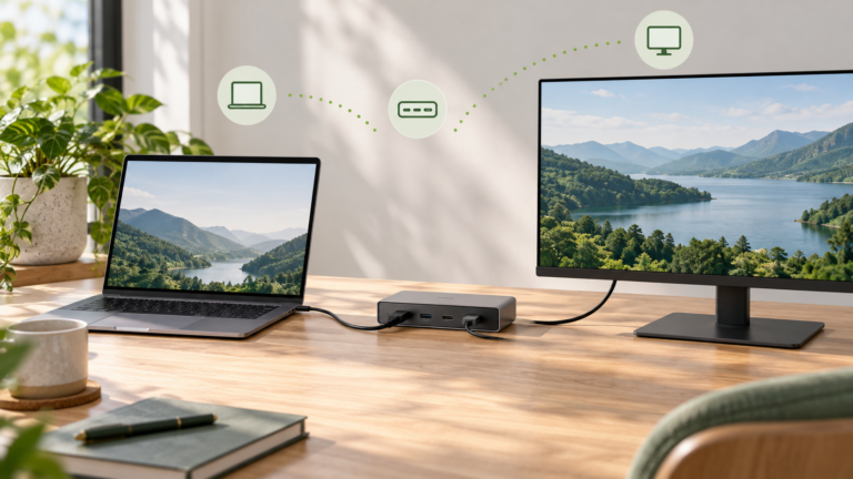 Laptop und Monitor sind über eine Dockingstation verbunden. Grüne Icons veranschaulichen die Verbindung an einem modernen Homeoffice-Arbeitsplatz.