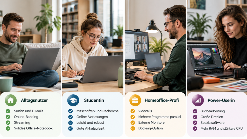Vier Laptop-Nutzertypen im Vergleich: Alltag, Studium, Homeoffice und anspruchsvolle Anwendungen