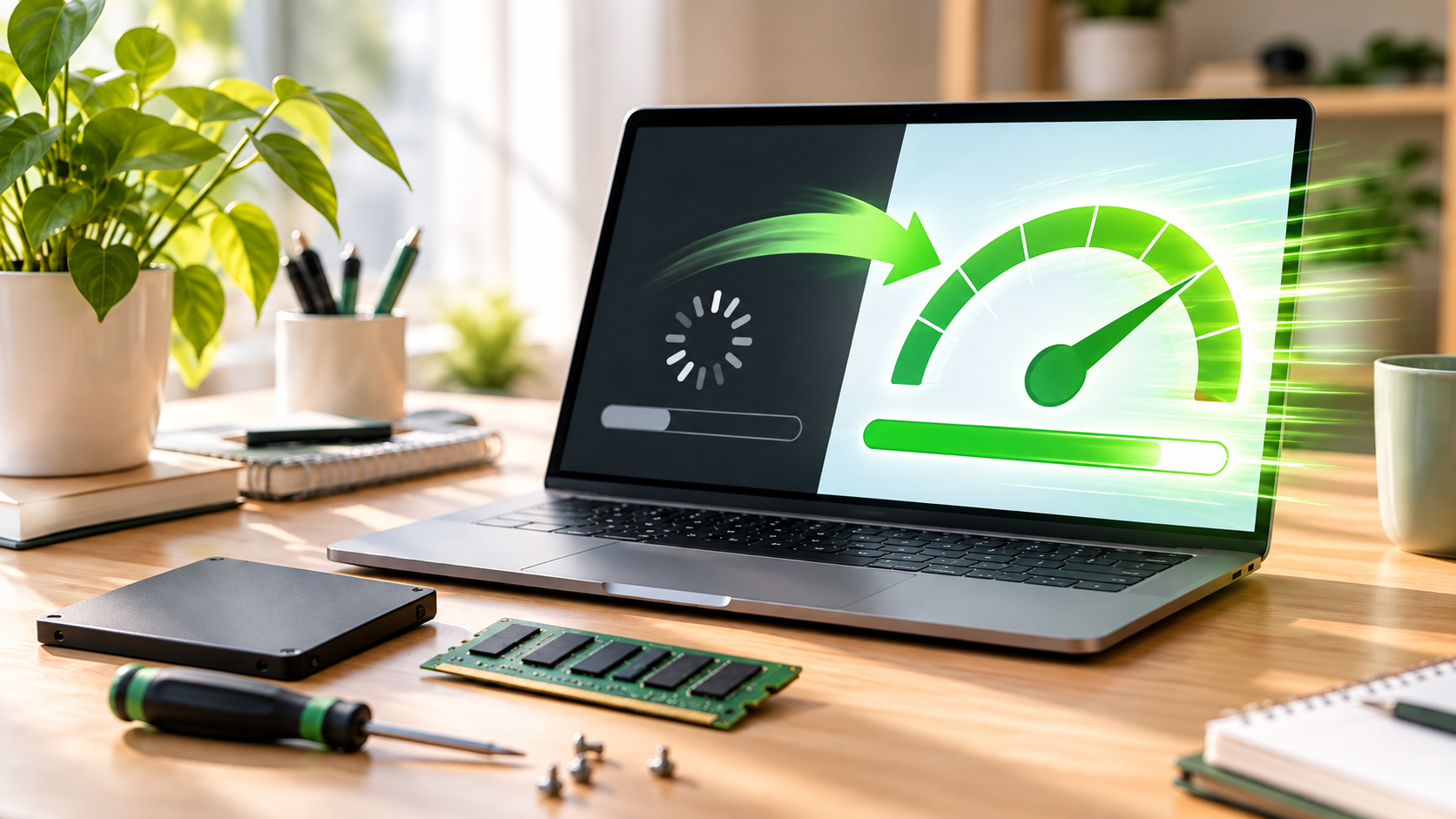 Laptop mit Geschwindigkeitsanzeige sowie SSD, Arbeitsspeicher und Werkzeug zur Leistungsoptimierung.
