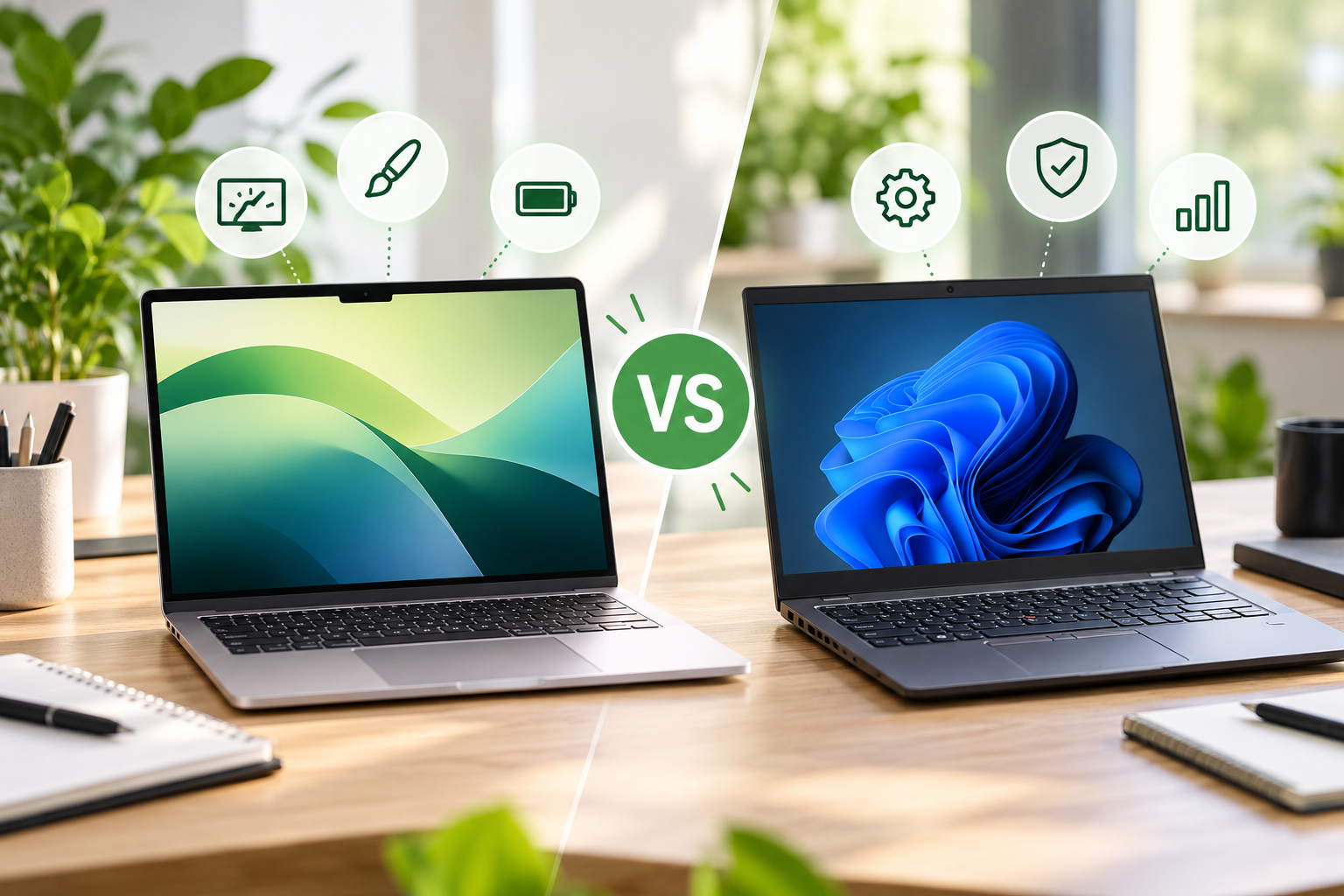 Refurbished MacBook und Windows-Business-Laptop im direkten Vergleich mit unterschiedlichen Designs und Symbolen für Leistung, Ausstattung und Funktionen.