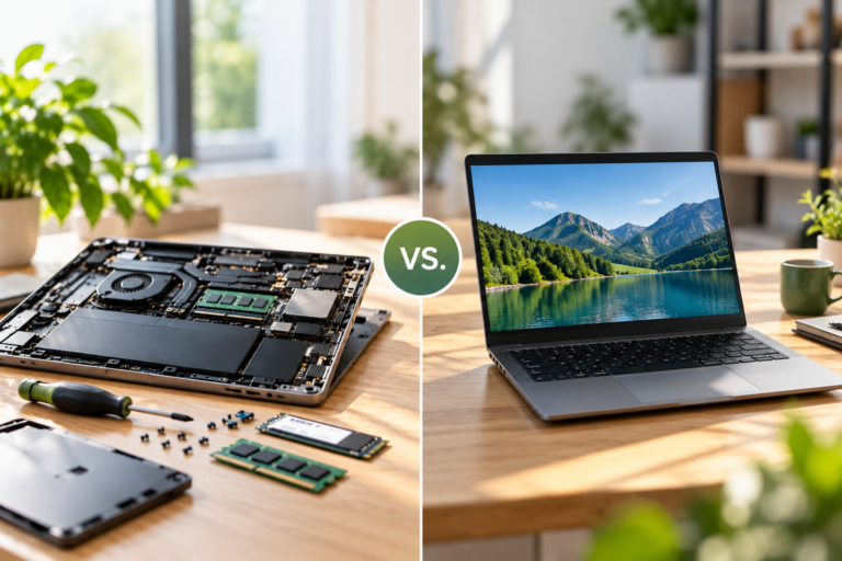 Vergleich zwischen Notebook-Reparatur und refurbished Laptop: Links ein geöffnetes Notebook mit Ersatzteilen und Werkzeug, rechts ein funktionsfähiges Gerät, getrennt durch eine Linie.