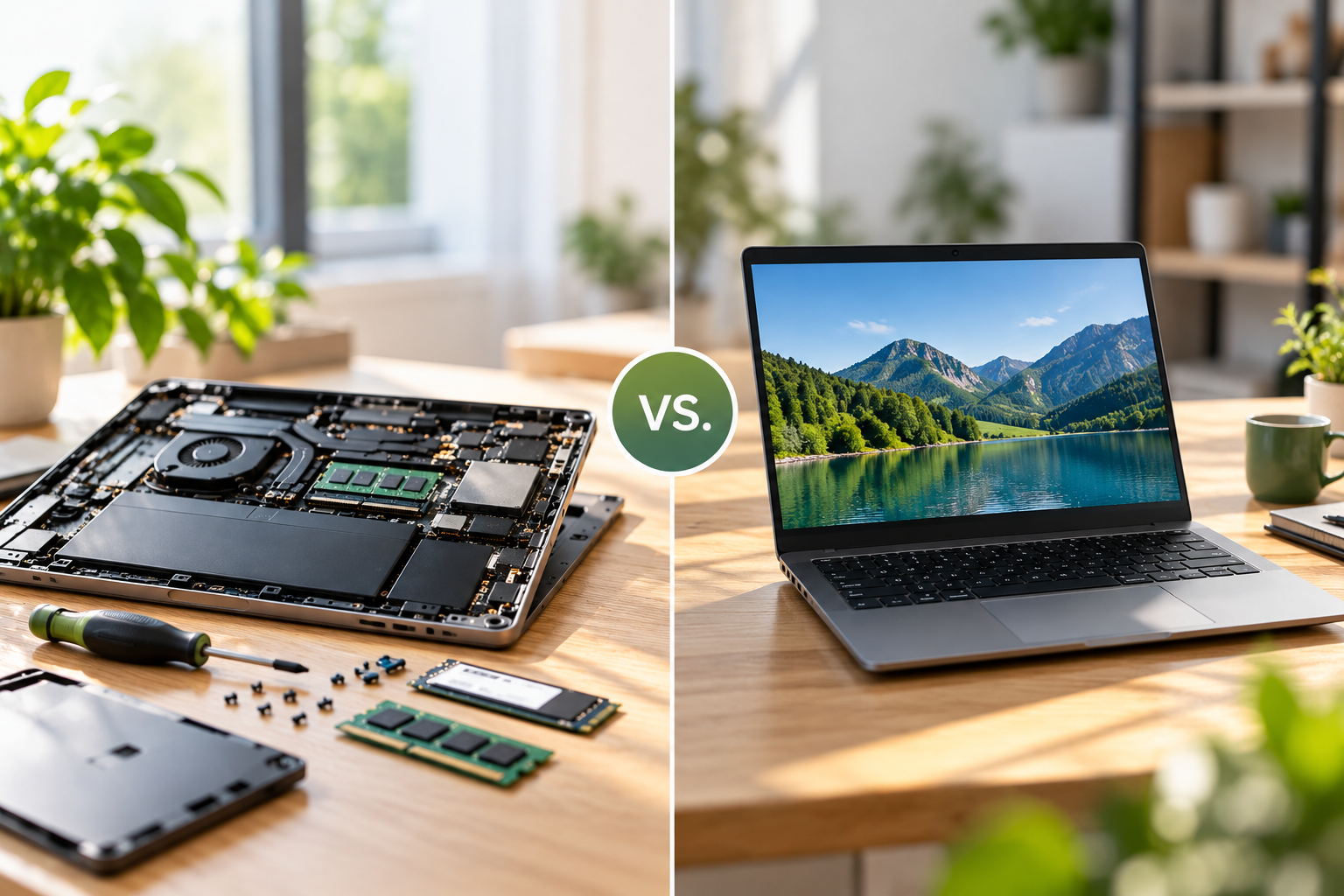 Vergleich zwischen Notebook-Reparatur und refurbished Laptop: Links ein geöffnetes Notebook mit Ersatzteilen und Werkzeug, rechts ein funktionsfähiges Gerät, getrennt durch eine Linie.