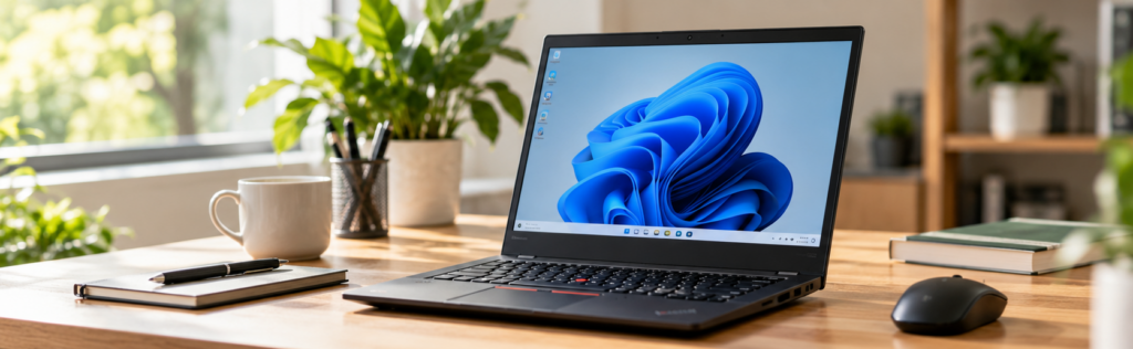 Refurbished Business-Notebook auf einem hellen Arbeitsplatz