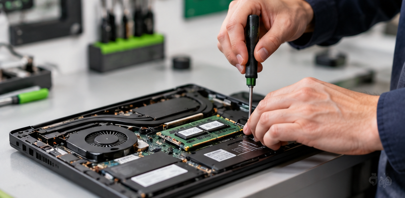 Technische Prüfung eines refurbished Notebooks während der Aufbereitung