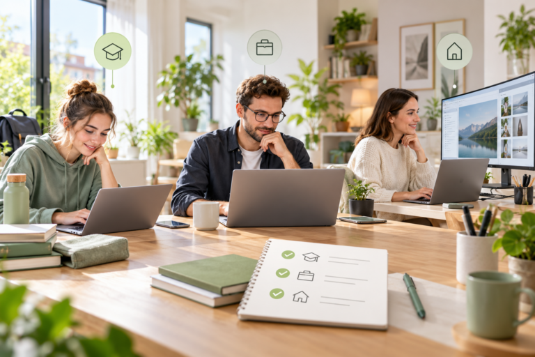 Drei Personen vergleichen Laptops für Studium, Homeoffice und anspruchsvollere Anwendungen